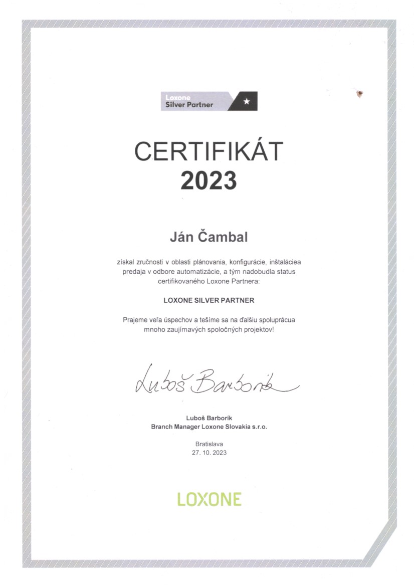 Certifikat Loxone Jan Cambal