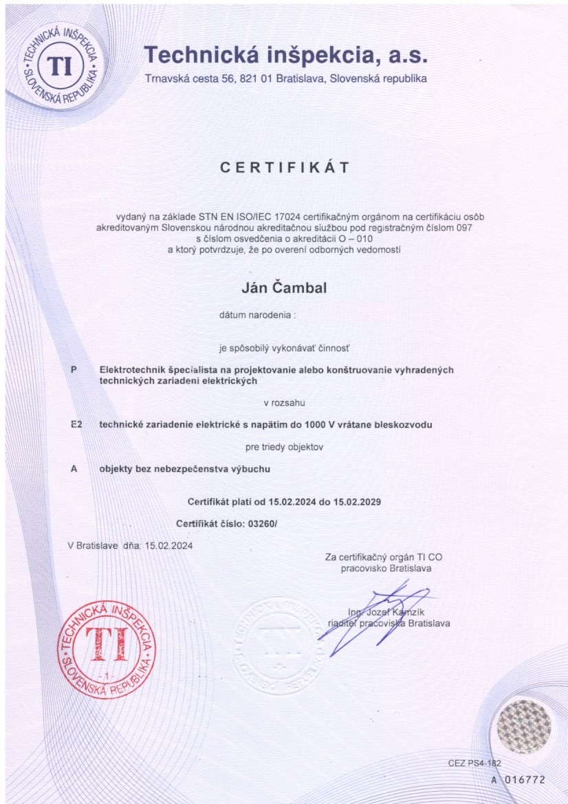 certifikat projektanta Jan Cambal